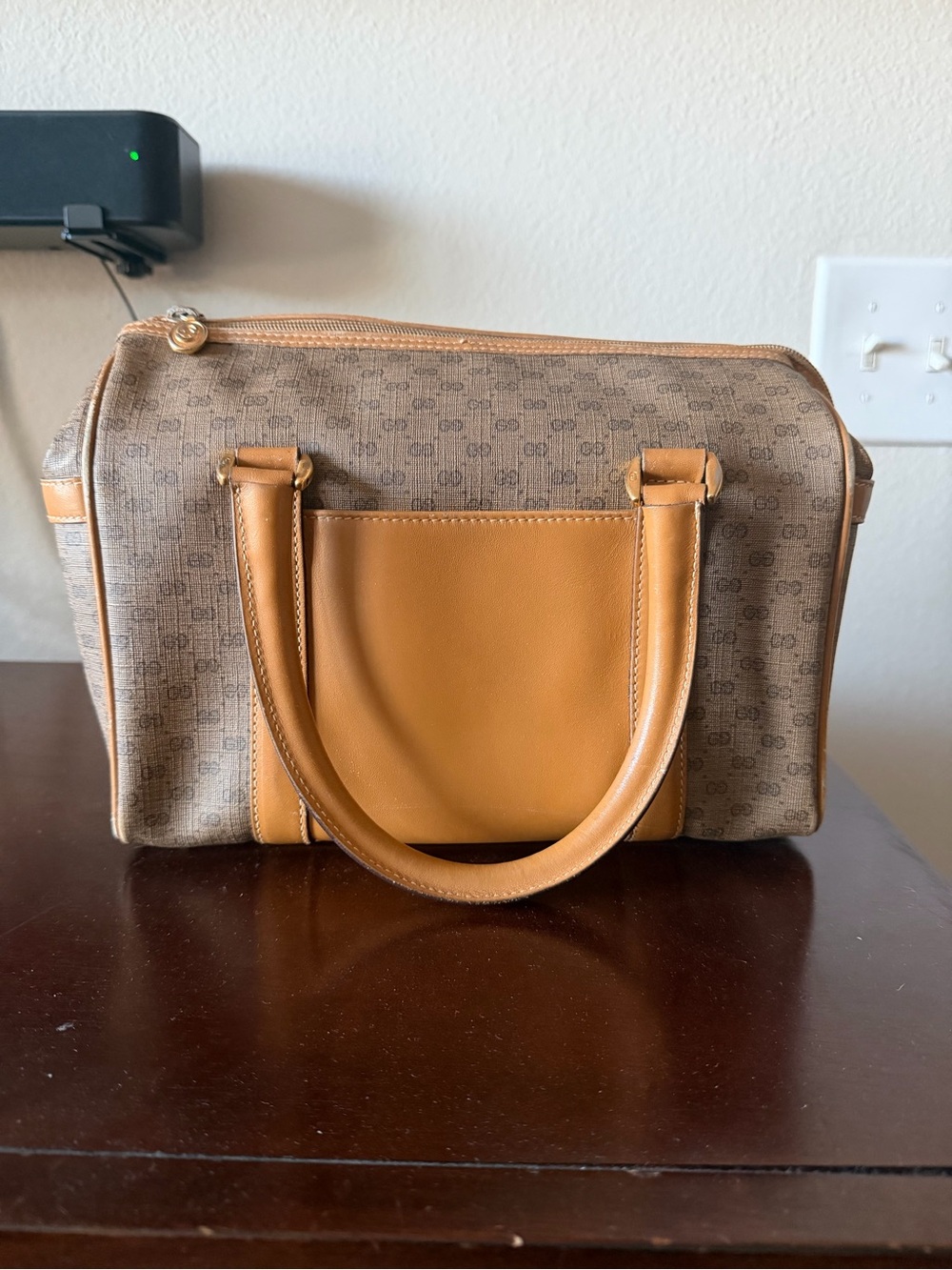 Vintage Gucci Micro GG Supreme Mini Boston Bag. Beige and gold PVC leather